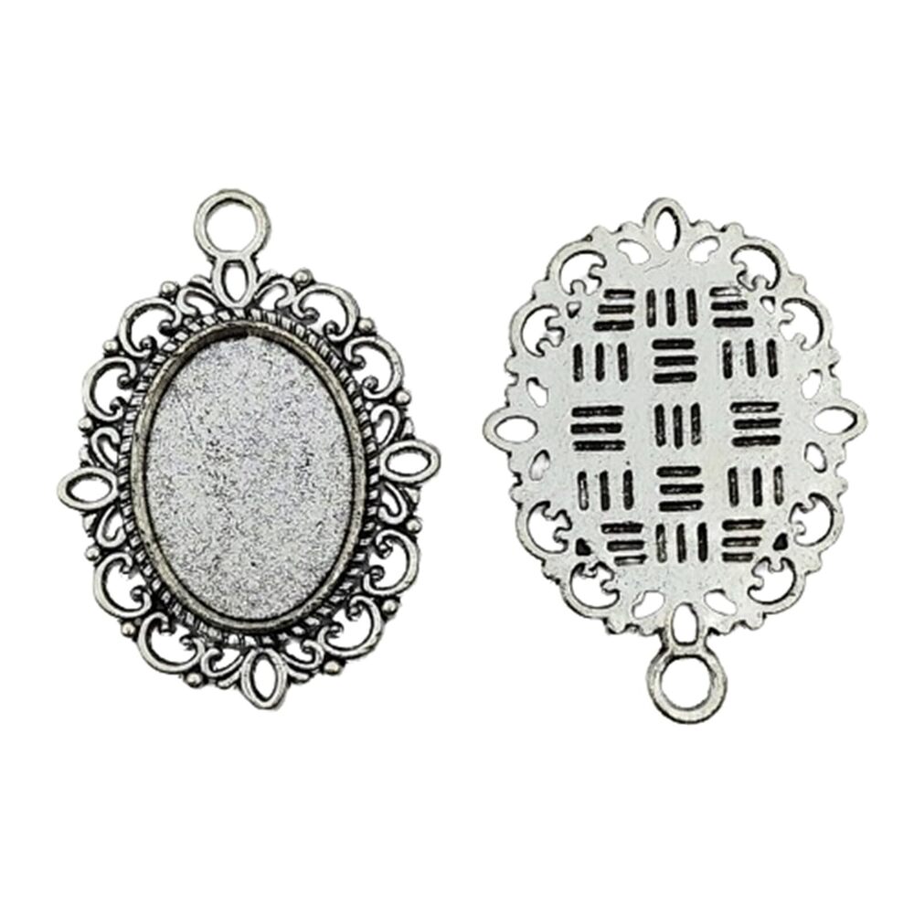 7287 24PC Antique Silver Charms Oval Bezel Pendants Trays Blank Cabochons